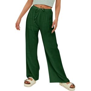 Nmslcnm Summer Trousers for Women UK Womens Linen Palazzo Pants Summer Casual Boho Wide Leg High Waist Comfy Beach Trousers with Pockets Ladies Loose Fit Trousers (Green, XXXXXL)