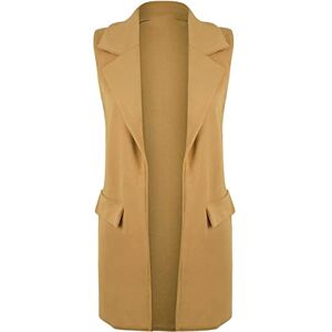 Fashion City&#174; Womens Sleeveless Crepe Open Long Waistcoat - Ladies Moch Flape Pocket Casual Jacket Top (Camel, S-M)