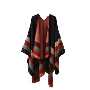 Vsadsau Women Cashmere Shawl Classic Striped Cape Spring Retro Cardigan Cloak Soft Large Blanket Black