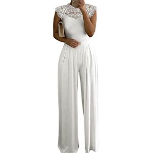 SHINROAD Lady Bodysuit Trousers Summer Sleeveless Soft Lace Solid Color Crew Neck women Jumpsuit Daily Garment White XL