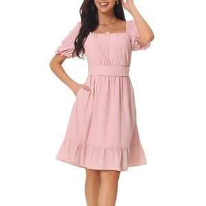 Seta T Women's Summer Casual Dresses Square Neck Puff Short Sleeve Smocked Back Ruffle Dress with Pockets Pink L