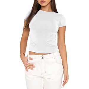 FeMereina Women's Y2K Long Sleeve Pleated Shirt Crew Neck Slim Fit Textured Crop Top Ribbed Pullover Blouse Tops Aesthetic Streetwear (Short Sleeve White#2, S)