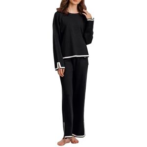 Lyoveu Elegant Split Long Sleeve Knit Tops Elastic High Waist Wide Leg Pants Two Piece Casual Stretch Pants,Winter Matching Lounge Sets Cozy Knit Loungewear Sweater Sets,2 piece lounge set for women