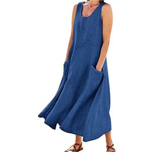 Women Summer Cotton Linen Tank Dress Sleeveless Loose Crew Neck Maxi Long Flowy Dresses Comfy Lounge Baggy Long/Knee Length Dress with Pockets C-Blue