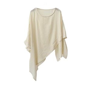 LCDIUDIU Oversized White See-Through Thin Linen Shirt Women, 3/4 Sleeves Round Neck Irregular Hem Pullover T-Shirt Summer Casual Loose Sexy Swing Beach Cover-Up Blouse Top Beige S