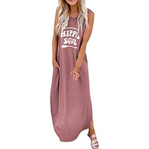 Womens Summer Dresses Loose Casual Slogan Graphic Bohemian Pocket Vest Maxi Dress Crewneck Sleeveless Long Tank Tops Beach T Shirt Dress Ladies Tank Dress Shift Dress Vacation Dresses Pink