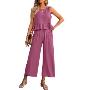LCDIUDIU Womens 2 Piece Casual Outfits Sleeveless Vest Crop Top Wide Leg Trousers, Purple Red Crew Neck Ruffles Hem T-Shirt Back Buttons Straight Pants With Pocket Summe Work Holiday Lounge Wear Co