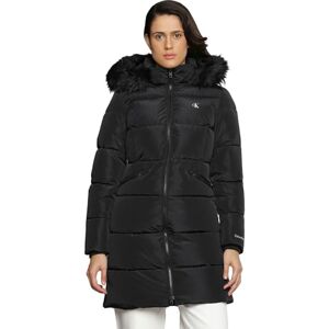 Calvin Klein Jeans Women Coat Faux Fur Hooded Fitted Long Winter, Black (Ck Black), L