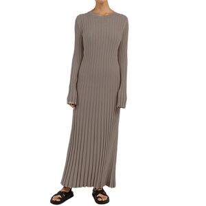 Betrodi Women Knitted Bodycon Dress Long Sleeve Crewneck Tie Back Long Dress Slim Fit Maxi Pencil Dress Sweater Dresses (Grayish Apricot, L)