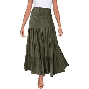 Women Summer Boho Maxi Skirt Ruched Elastic High Waist Casual Ruffle Flowy Swing Tiered Pleated A-Line Gypsy Skirts Holiday Casual Vintage Long Skirts Full Length Ladies Solid Beach Skirts Army Green