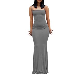 Yoisdtxc Women's Spaghetti Strap Stretch Maxi Skirt Low Cut Solid Color Dress Classic Sleeveless Backless Bodycon Maxi Dress (A-Grey 1, S)