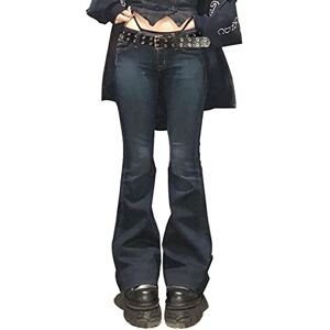 Femereina Women Y2K Low Waist Jeans Gothic Baggy Denim Flare Pants Wide Straight Leg Loose Casual Gothic Trousers Streetwear (Dark Blue, 2XL)