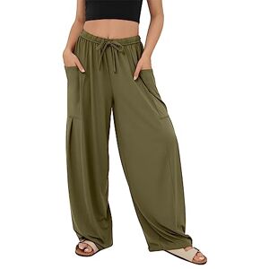 SotRong Womens Loose Trousers Petite Summer Wide Leg Palazzo Pants Mid Rise Elastic Waistband Drawstring Side Pocket Flowy Casual Plus Size Pants Army Green L