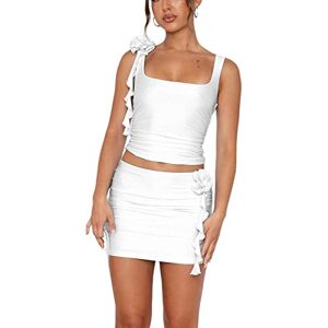 Acrawnni Women Ruffle 2 Piece Skirt Sets Y2k Sleeveless Slim 3D Flower Sheer Mesh Crop Top Bodycon Mini Short Skirt Fringed Tassels Suit Sets (B-Silver, M)