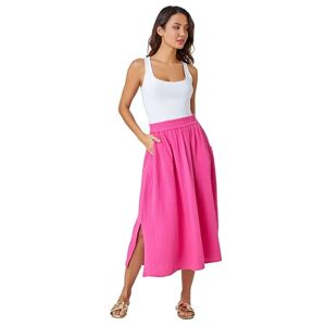 Roman Textured Cotton Maxi Skirt for Women UK - Ladies Everyday Summer Holiday Side Split Soft Pocket Detail Comfy Elasticated Waist Daywear Full Length Skirts - Pink - Size 10
