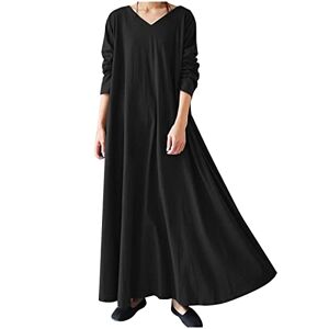 Generic Z-243 Black Women Long Sleeve Dresses Loose Fit Plus Size Dresses for Women V Neck Spandex Brunch Muslim Basic Maxi Long Fall Summer Dresses 2024 Clothes RD XXL