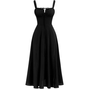 Women's Summer Dress Spaghetti Strap Dress Spring Boho Dress Front Slit Swing Midi Sundress Party Holiday Beach Dress Black M