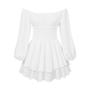 Miolasay Women Puff Ruffle Dress Built-in Shorts Lace Boat Neck Long Sleeve Flouncing Bodysuit Off Shoulder Long Sleeve Layered Short Dress (White, S)