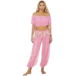 dPois Womens Sparkling Belly Dance Costume 3Pcs Crop Top Bra Top and Belt Chiffon Dancing Split Skirt Pink One Size