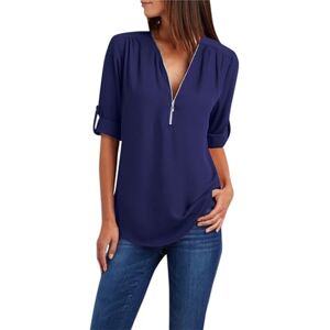 Generic Long Sleeve Tops for Women UK Summer Zipper V Neck Solid Colour Blouse Ladies Casual Loose Fit T Shirts Elegant Dressy Tunics Navy