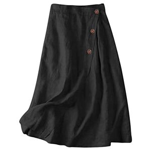 Momolaa Women's Summer Cotton Linen Elastic Back Buttoned Swing Midi A Line Skirt Bohemian Midi Skirt UK Size M Black