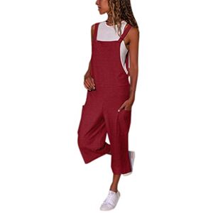 Womens Jumpsuits & Playsuits Sale Am1 AMhomely Summer Jumpsuits For Women Cotton Linen Romper Trousers Wide Legs Overalls Trousers Solid Square Neck Playsuits Lightweight Trendy Casual Baggy Dungarees Ladies Oversized Jumpsuits Red M