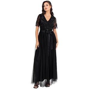 Maya Deluxe Women's Maxi Dress Ladies Ball Gown for Wedding Guest Embellished Tie Waist V Neck Bridesmaid Prom Evening Occasion, Black, 20