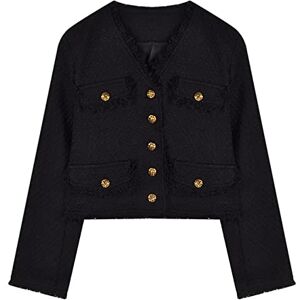 SUKORI Womens Cardigan Black Gold Lady Elegant Tweed Jacket Casual Solid Single Breasted Jacket Blouse (Color : Schwarz, Size : L)