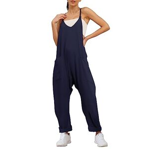 Trendy Queen Womens Jumpsuits Casual Summer Onesie Rompers Sleeveless Loose Baggy Overalls Jumpers with Pockets 2024 Clothes, Navy, Small