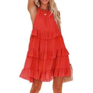 R.Vivimos Women Summer Halter Neck Sleeveless Ruffle A Line Mini Dress Tiered Swing Short Boho Sun Dress (XLarge,Orange)