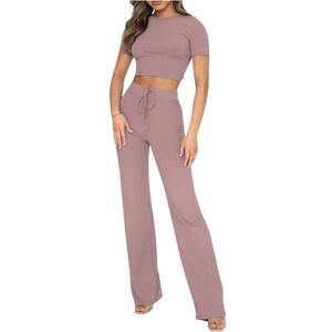 Generic Casual Workout Two Piece Outfits for Women Ribbed Knit Short Sleeve Crop Tops Drawstring Wide Leg Pants Matching Lounge Sets (Color : Pink, Size : L)