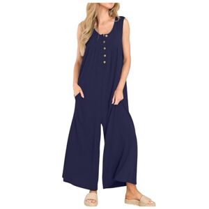 Bauzuoyo Jumpsuit Women's Summer Plain Trouser Suit Elegant Playsuit with Pockets Summer Outfits Women's Casual Jumpsuit with Scoop Neck and Pockets Wide Leg Dungarees Leisure Suit, blue, XL