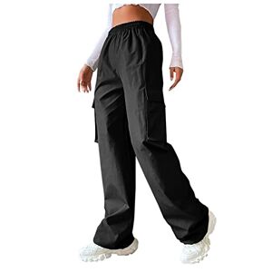 DianD Cargo Trousers Women Y2k Parachute Pants Cowboy Pocket Straight Cylinder Overalls Solid Color Casual Trousers Elastic Waish Stright Leg Pants with Pockets Black