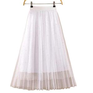 KOGORA skirt Long Tulle Skirt Women Summer Mesh A Line Midi Skirts Woman High Waist Pleated Skirt Female-White-L(50Kg-55Kg)