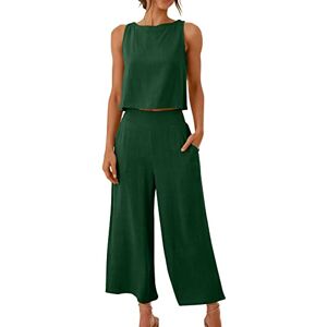 ⭐ Tousers For Women Uk,230516btdia39 FunAloe Summer Outfits for Women with Pocket Round Neck Crop Basic Top Button Back Tops Women's Linen Trouser Suits Pants Wide Leg Sets 2 Piece Sleeveless Rompers, 04-green