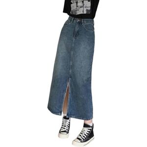 KUNTENG skirt Women's Denim Wrap Skirts High Waisted Split A-line Denim Skirt Autumn Straight Skirt Female-blue-l