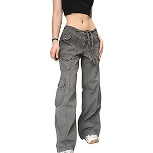 Femereina Women High Waisted Cargo Pants Wide Leg Denim Jeans Straight Casual Loose Baggy Flare Trousers Vintage Y2K E-Girl Streetwear (Gray, Small)