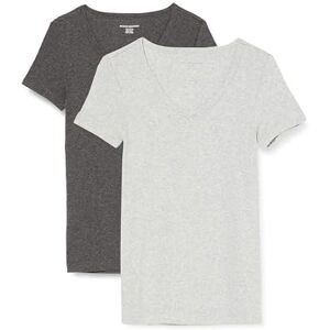 Amazon Essentials Women's Slim-Fit Short-Sleeve V-Neck T-Shirt, Pack of 2, Charcoal Heather/Light Grey Heather, XS