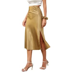 Alcea Rosea Women's Midi Skirts High Waist Split Elegant Satin Silky Work Skirt Party Pencil Bias Cut Skirt（Rich Gold，L