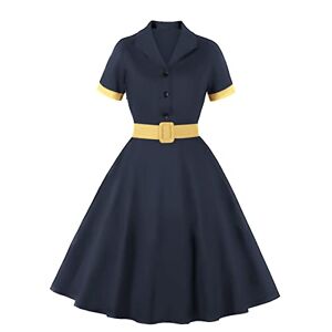 1950s Dresses for Women Plus Size Vintage Classy 50s Style Audrey Hepburn Short Sleeve Peter Pan Collar Rockabilly Retro Swing A Line Midi Summer Dress Skater Cocktail Party Prom Gown Navy Blue S