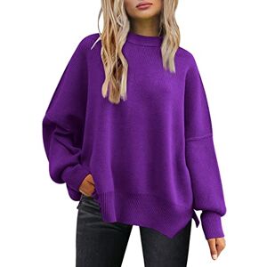 LILLUSORY Women Fall Crewneck Batwing Long Sleeve Sweater Oversized Ribbed Knit Side Slit Pullover Top, Purple, L