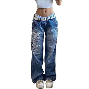 Yokbeer Women's Y2K Low Waist Jeans Gothic Baggy Denim Flare Pants Wide Straight Leg Loose Casual Gothic Trousers Streetwear (Color : Blue, Size : M)