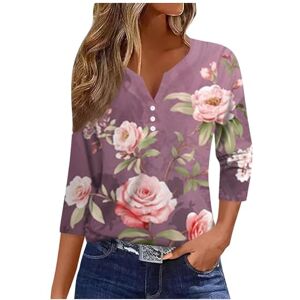 Generic Summer Women's V Neck 3/4 Sleeve Tops Floral Print Loose Tees Comfortable Button Womens Tshirts Casual Office Work Shirts for Running,Beach,Indoor&Outdoor Purple