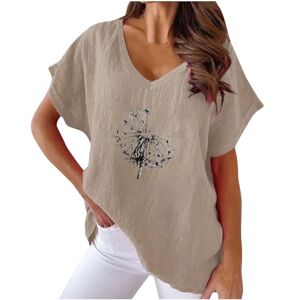 Haolei Women's Linen Tops Dandelion Summer Tee Shirts Short Sleeve V Neck Flower Print Graphic Blouse Cotton Linen T-Shirt Casual Loose Elegant Blouse Ladies UK Clearance