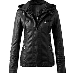 Buetory Womens Faux Leather Jacket Casual Slim Fit Stand Collar Multi Pocket Detachable Motorcycle Biker Hoodie Bomber Coat Black, 3XL