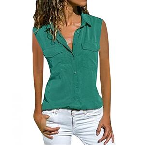 Women Solid Sleeveless Shirt Turn Down Collar Pockets Button Front Blouse Loose Fit Plus Size Vest Tops Ladies Eelgant Dressy Daily Party T Shirt Tee Green