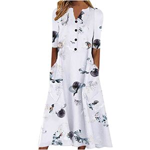 Long Dresses for Women Summer Half Sleeve V Neck Button Dress Floral Print Loose Casual Dress with Pocket Ladies Elegant Beach Party Dress Holiday Boho Dress UK Clearance