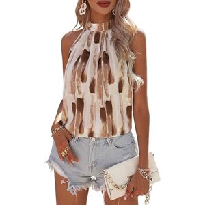 GORGLITTER Women's Graphic Print Halter Neck Shirt Summer Tank Top Sleeveless Blouses Tops Coffee Brown M