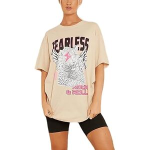 Ladies Fearless Printed T Shirt Womens Short Sleeve Crew Neck Tiger Print Tops Rock & Roll Oversized T Shirt (Beige UK 8-10)