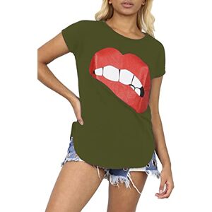 Be Jealous Fashion Star Womens Summer Round Neck Glitter Biting Lips Turn Up Sleeve Curved Hem T Shirt Plus Size (UK 16/18) Biting Lips Khaki